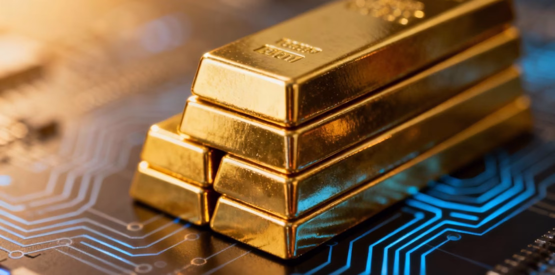 سبائك ذهبية وأنماط دوائر رقمية.