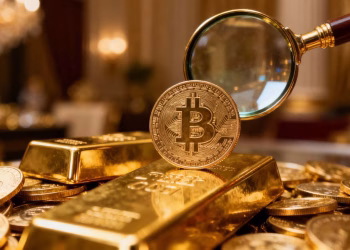 Pièces d'or et lingots avec une loupe.