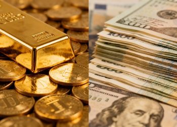 Barre d'or et billets de banque, investissement physique ou papier.