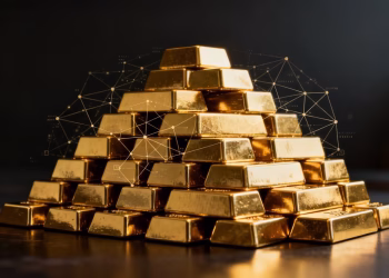 Lingots d'or sur un fond numérique abstrait.