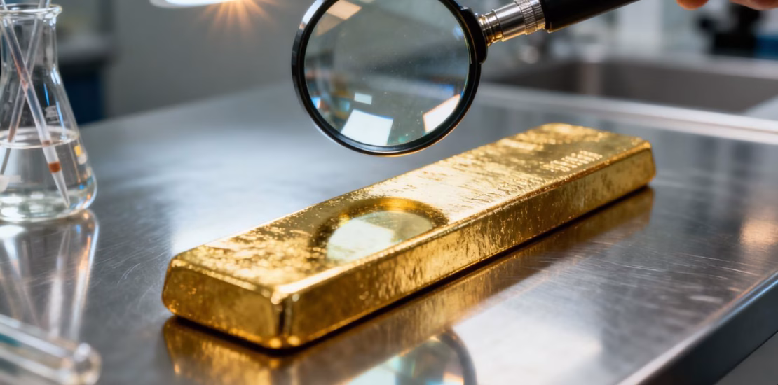 Barre d'or sous une loupe en laboratoire.