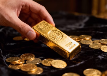 Main d'or tenant une barre d'or avec des pièces.