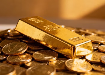Barre d'or sur des pièces d'or.