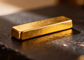 Lingot d'or brillant sur fond sombre.