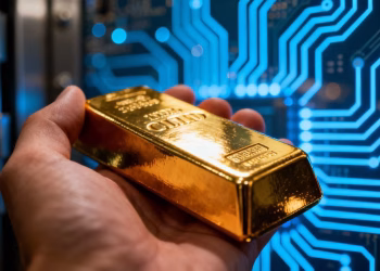 Main d'investisseur tenant une barre d'or numérique.