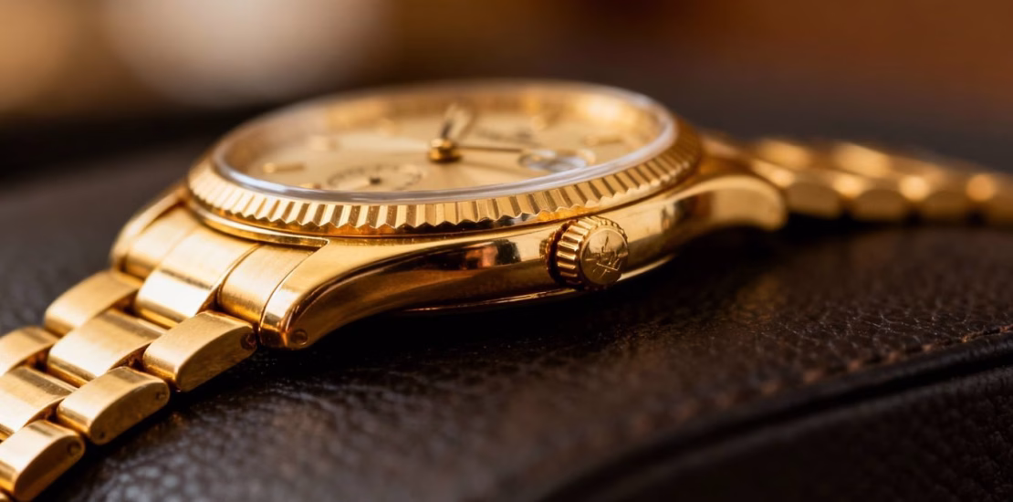 Montre en or de luxe, gros plan sur le cadran.