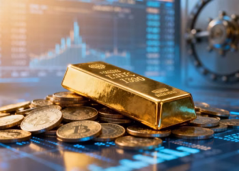 Barre d'or sur des pièces numériques, symbole de sécurité financière.