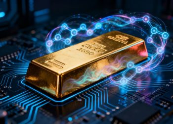 Barre d'or sur fond de circuit imprimé numérique et de nœuds blockchain.