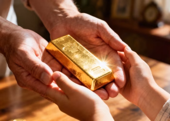 Mains tenant une barre d'or pour la sécurité financière.