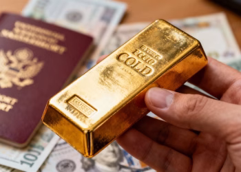 Main dorée tenant une barre d'or devant un passeport.