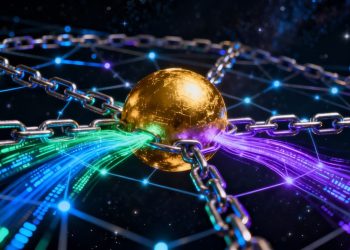 Réseaux blockchain interconnectés fusionnant en une sphère dorée.