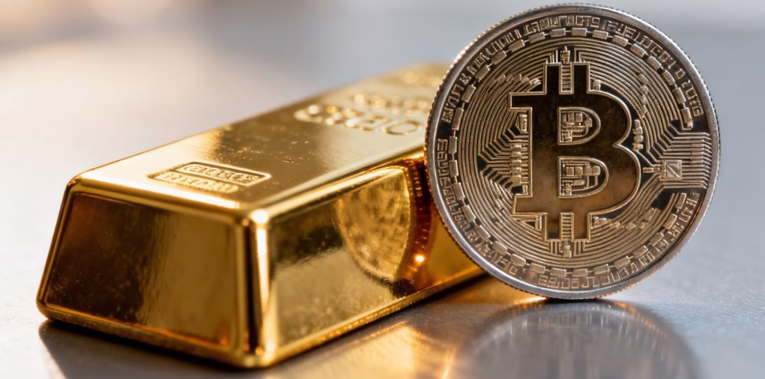 Barre d'or et pièce de cryptomonnaie numérique.