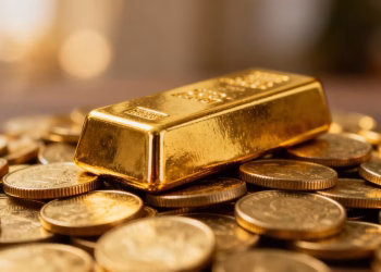 Lingot d'or sur des pièces d'or pour la retraite.