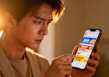 Personne regardant des annonces sur internet sur son téléphone.
