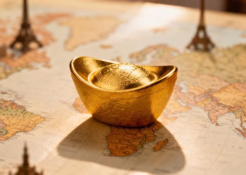 Lingot d'or sur une carte du monde.