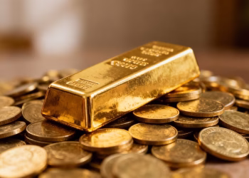 Barre d'or et pièces d'or, symbole de richesse et de protection.