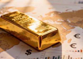 Lingot d'or sur une carte du monde, symbolisant l'investissement international.