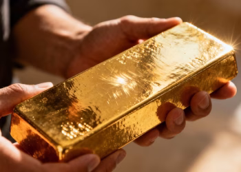 Une personne tenant une barre d'or brillant.