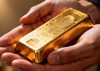 Main d'investisseur tenant une barre d'or brillante.