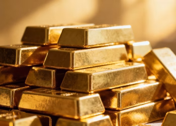 Lingots d'or brillants sous la lumière.