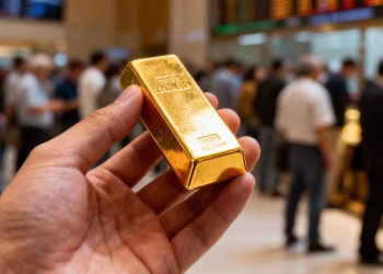 Main d'or tenant une barre d'or, symbolisant l'accès démocratisé.