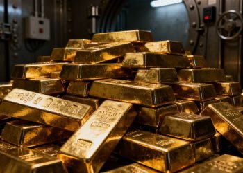 Lingots d'or empilés dans un coffre-fort de banque.