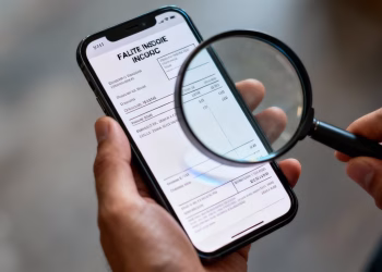 Main d'une personne examinant une fausse facture sur un smartphone.