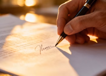 Personne signant un document avec un stylo.