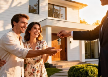 Agent remettant des clés à un couple devant une maison.