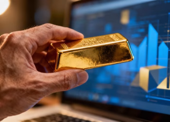 Main d'or tenant une barre d'or devant un écran numérique.