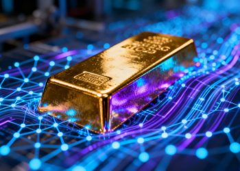 Barre d'or dans un flux numérique abstrait.