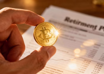 Main d'or tenant une pièce d'or, portefeuille de retraite flou.