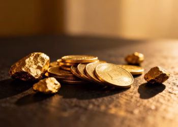 Petites pièces d'or et pépites sur fond sombre.