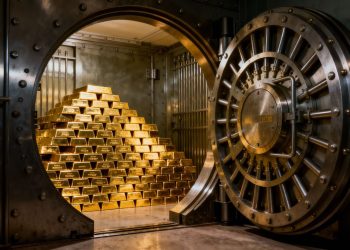 Barres d'or dans un coffre-fort sécurisé.