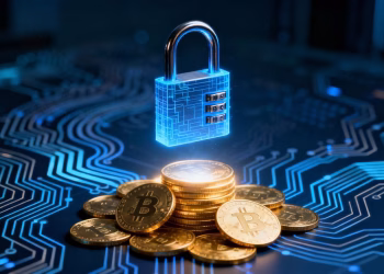 Cadenas numérique sur des pièces d'or, menacé par des circuits.