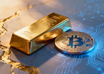 Barre d'or et pièce de cryptomonnaie, contraste physique et numérique.
