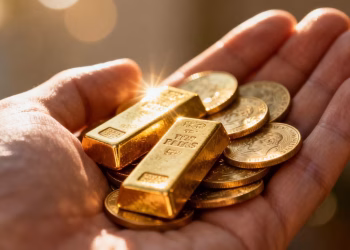 Pièces et lingots d'or dans une main