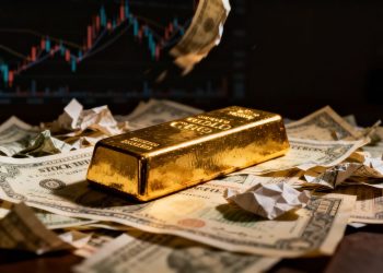Barre d'or sur des certificats boursiers froissés.