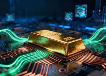 Barre d'or numérique sur fond technologique abstrait.
