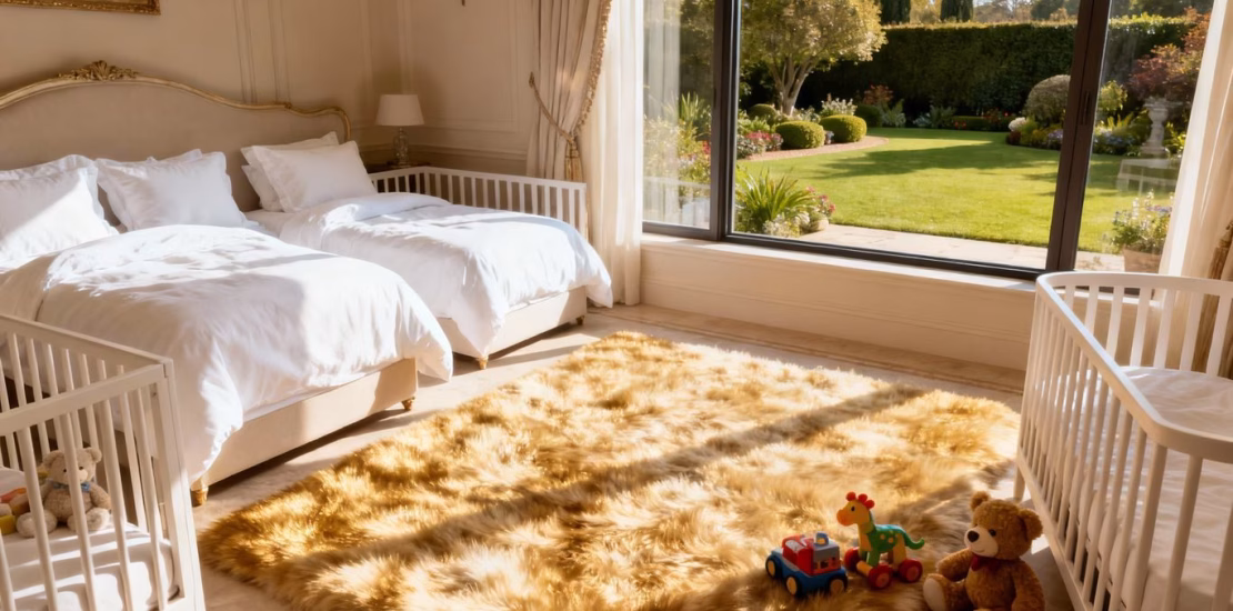 غرفة أطفال فاخرة مزودة بأسرّة أطفال أنيقة وإطلالة على الحديقة.