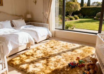 Chambre de bébé luxueuse avec des berceaux élégants et une vue sur le jardin.