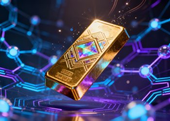 Barre d'or numérique sur fond de réseau blockchain.