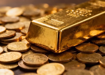 Barre d'or sur des pièces d'or.