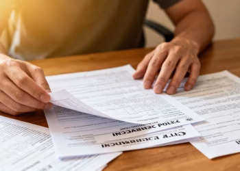 Person choisissant une assurance parmi plusieurs documents.