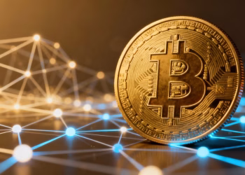 Pièce d'or Bitcoin sur un réseau numérique décentralisé.
