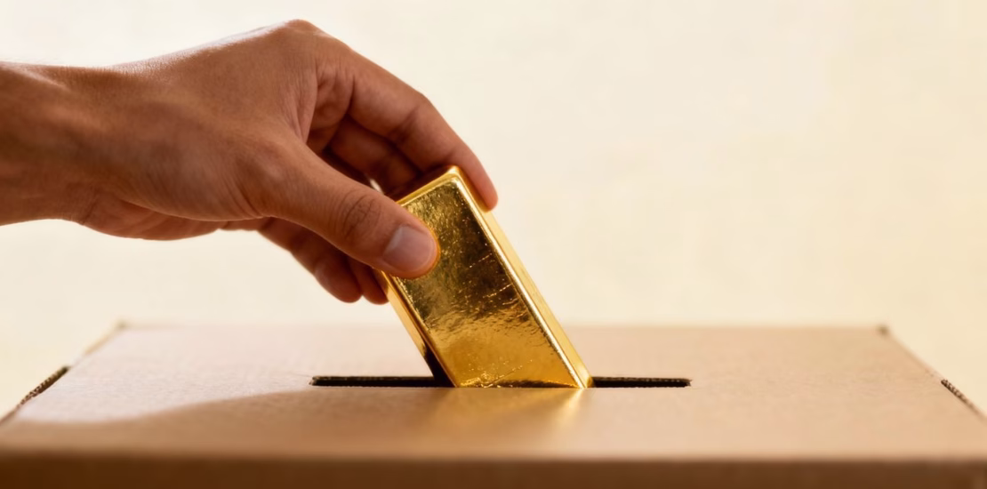 يد ذهبية تضع سبيكة ذهبية في صندوق التبرعات.