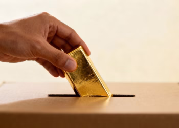 Main d'or plaçant une barre d'or dans une boîte de dons.