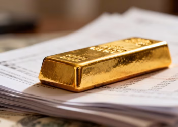 Lingot d'or sur des documents financiers.