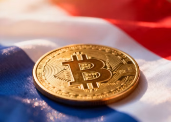 Pièce d'or Bitcoin sur fond de drapeau français.