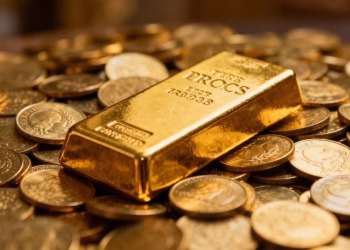 Barre d'or sur des pièces d'or.